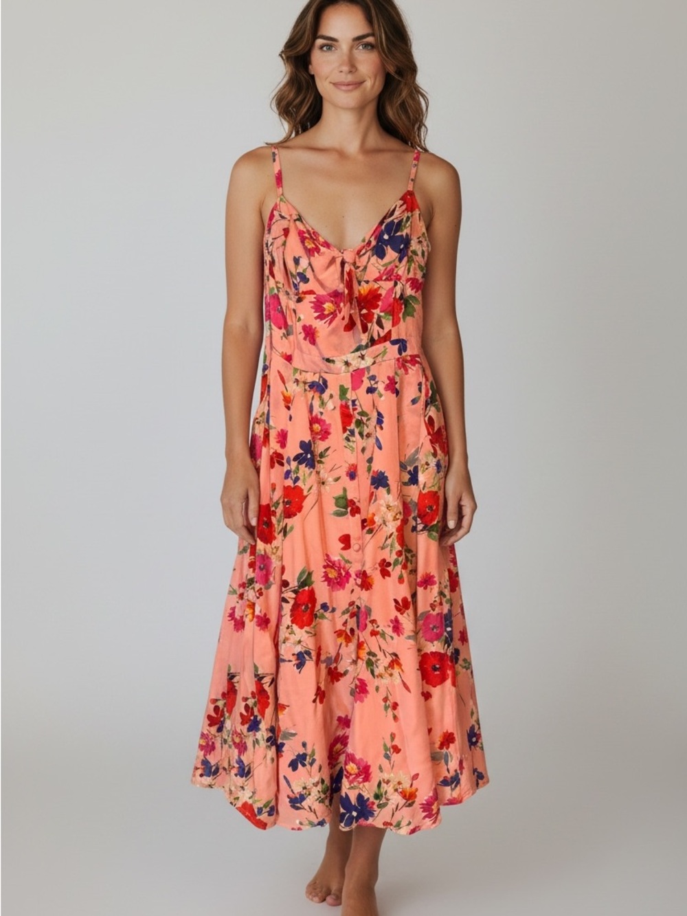 Yumi Kim Peach Floral Midi Dress with Spaghetti Straps